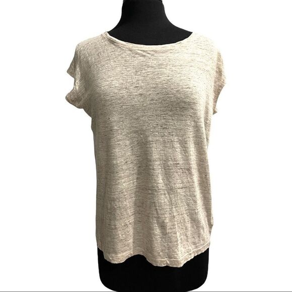 Tahari Tan Linen Space Dye Tuxedo Hem Short Sleeve Top Sz M - Picture 2 of 11